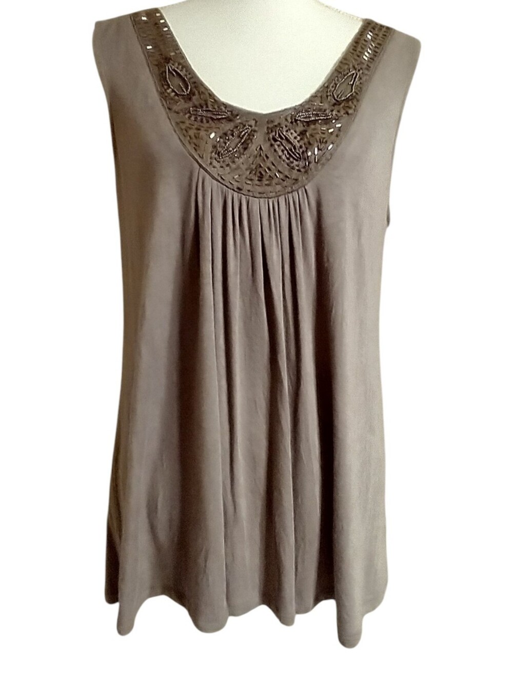 Olivia Moon Taupe Embellished Scoop Neck Tank
